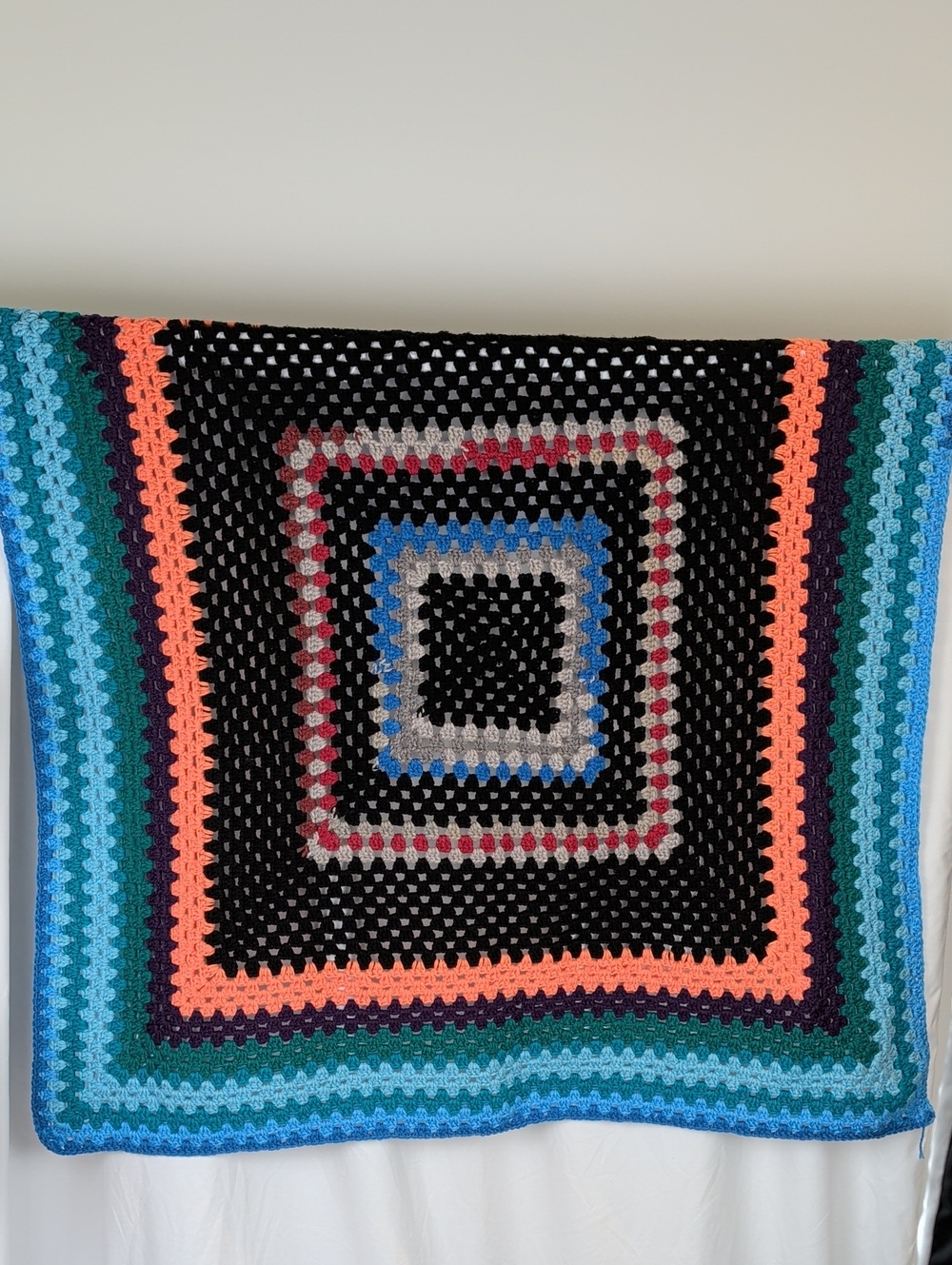 Vintage Handmade Crochet Granny Square Blanket  Afghan Throw Blue Orange Boho